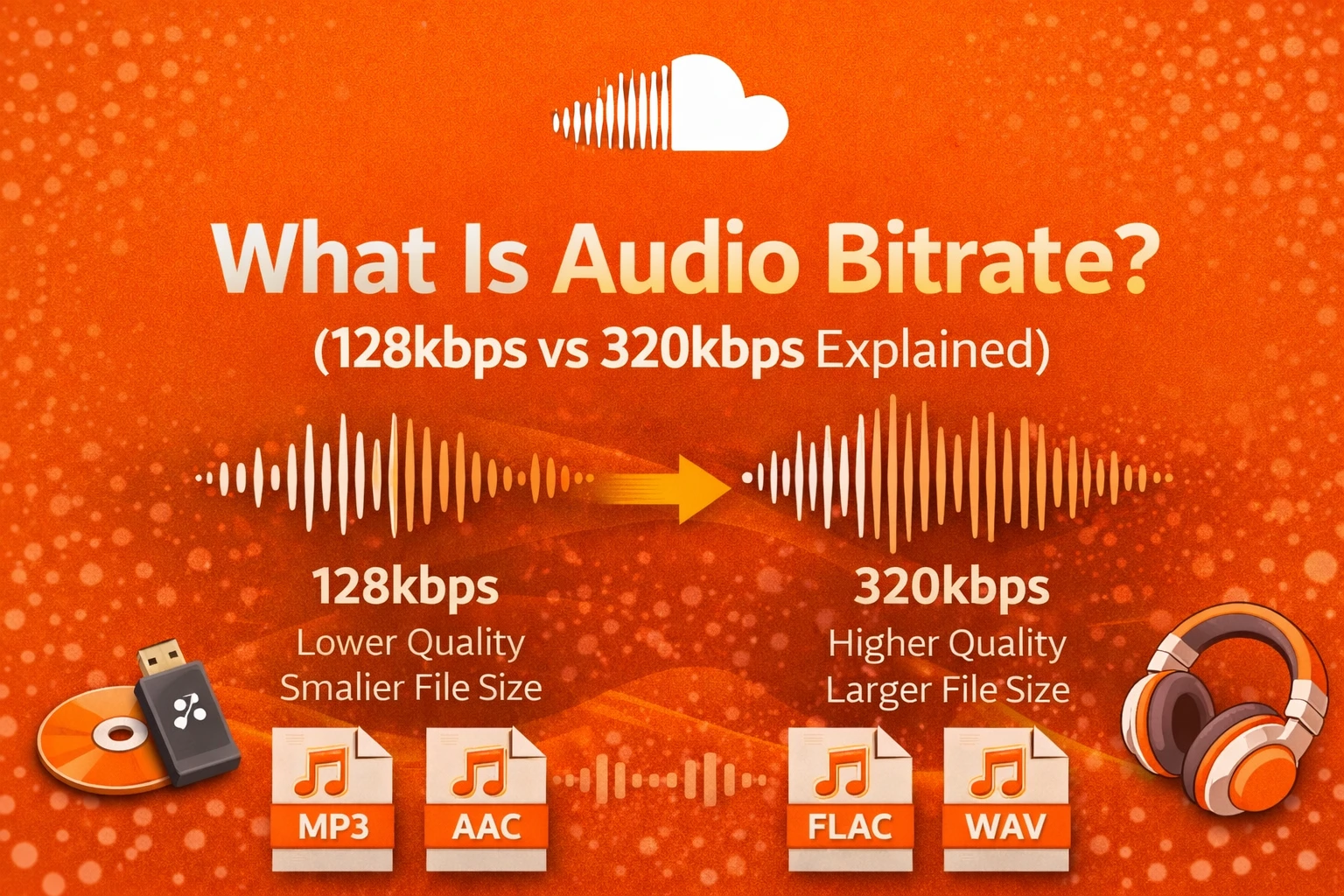 Infographic explaining audio bitrate comparing 128kbps vs 320kbps with MP3, AAC, FLAC, and WAV format icons and waveforms