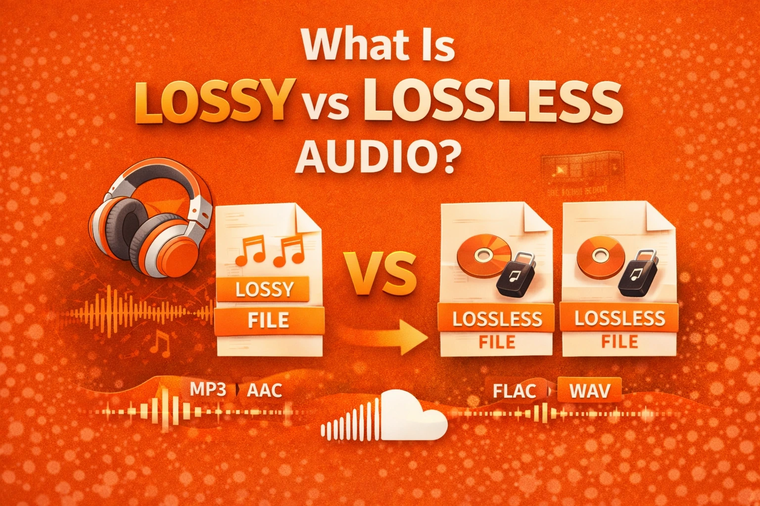 Infographic comparing lossy vs lossless audio formats showing MP3 and AAC files versus FLAC and WAV with headphones and waveforms