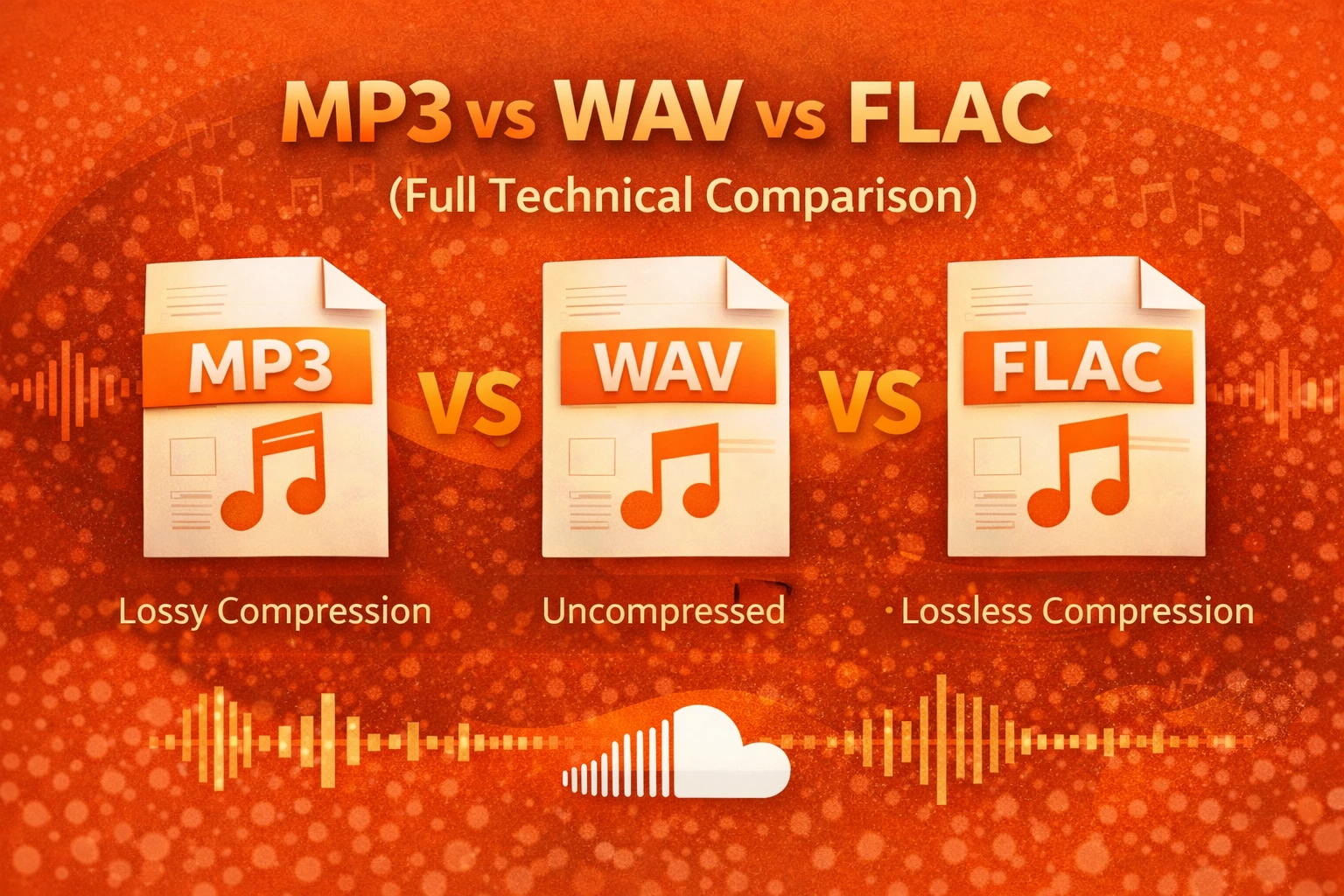 MP3 vs WAV vs FLAC audio format comparison infographic showing lossy compression, uncompressed, and lossless compression differences