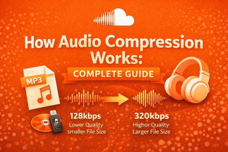 Infographic explaining how audio compression works comparing 128kbps lower quality smaller files to 320kbps higher quality larger MP3 files