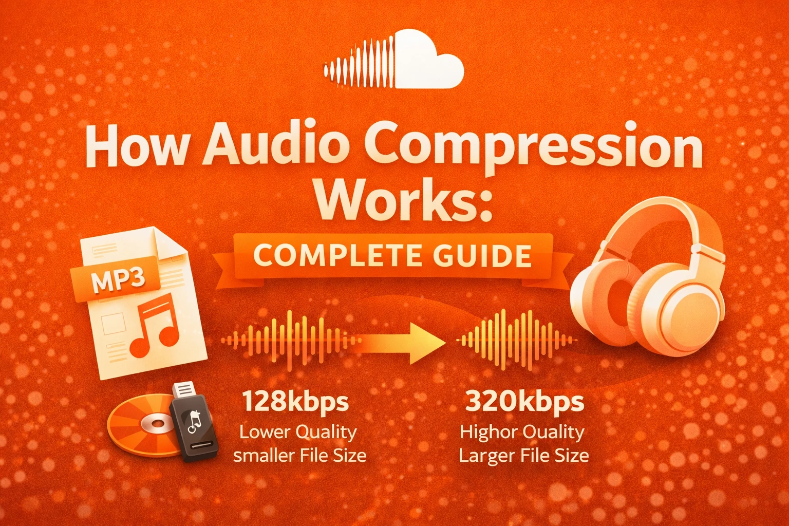 Infographic explaining how audio compression works comparing 128kbps lower quality smaller files to 320kbps higher quality larger MP3 files
