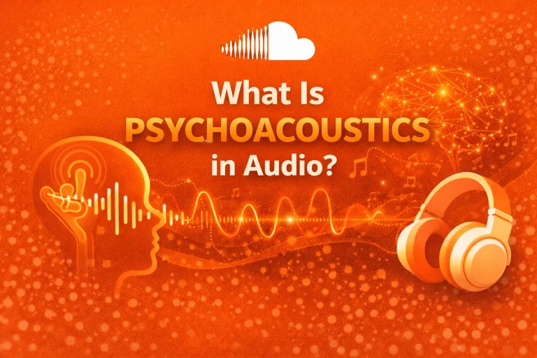 Psychoacoustics in audio infographic showing human head with ear anatomy, sound waves, headphones, and neural network on orange background