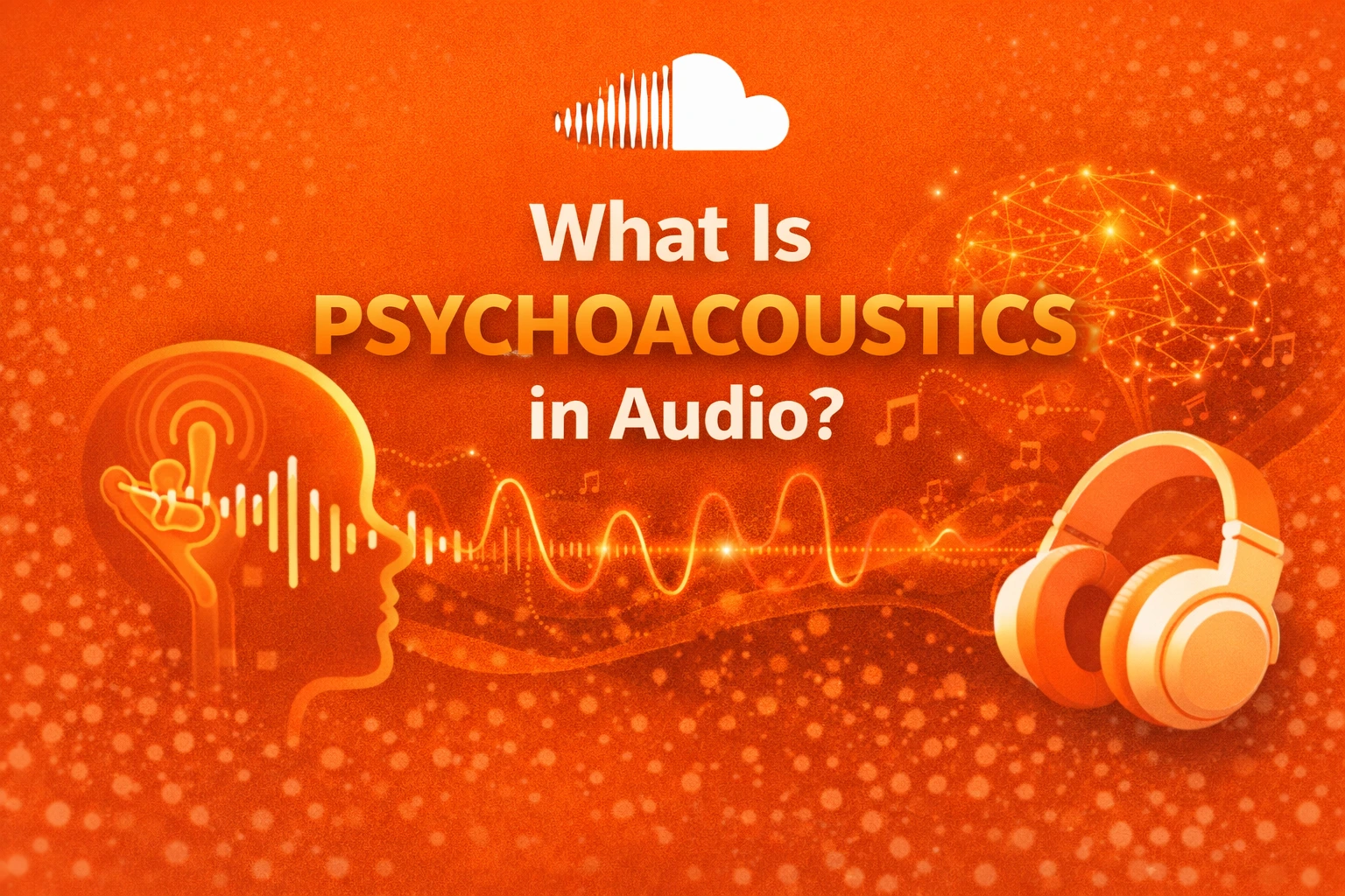 Psychoacoustics in audio infographic showing human head with ear anatomy, sound waves, headphones, and neural network on orange background