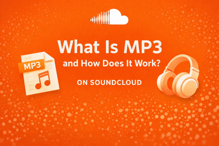 SoundCloud orange graphic explaining what is MP3 and how does it work with headphones and audio file icon