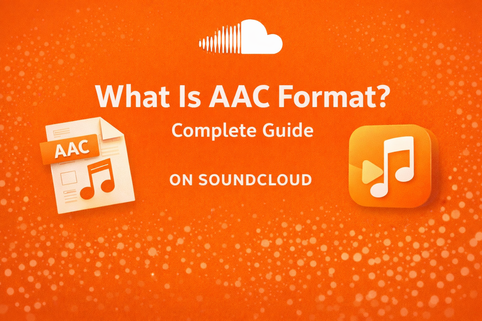 SoundCloud guide explaining AAC audio format with file icon and music app symbol on orange background