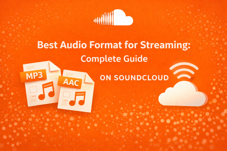 Guide to best audio formats MP3 and AAC for streaming on SoundCloud with cloud logo on orange background