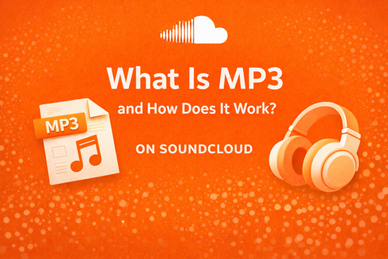 Infographic explaining what MP3 is and how it works on SoundCloud with headphones and file icon on orange background