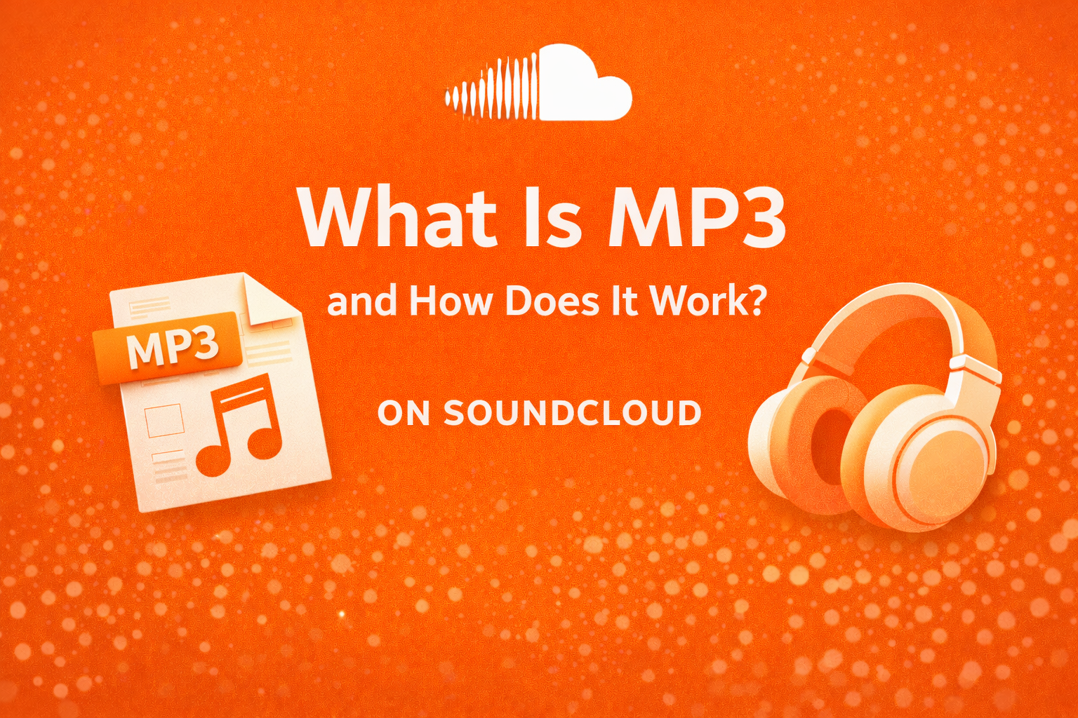 Infographic explaining what MP3 is and how it works on SoundCloud with headphones and file icon on orange background