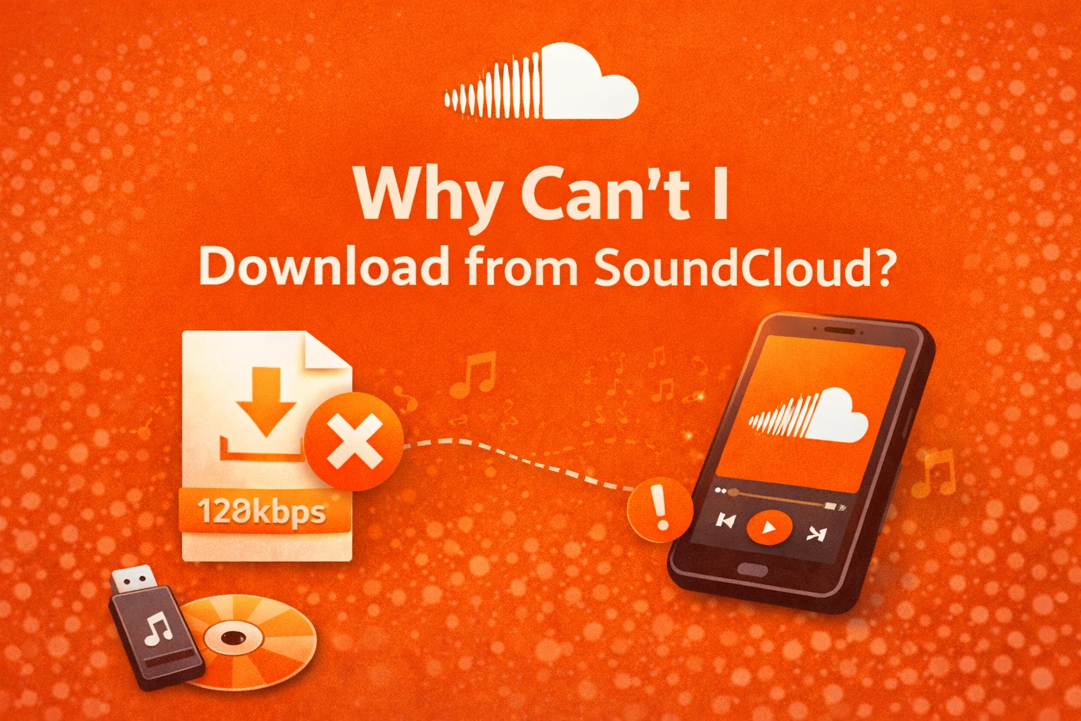 SoundCloud download error graphic showing phone app, failed 128kbps file download icon, USB drive, and CD on orange background