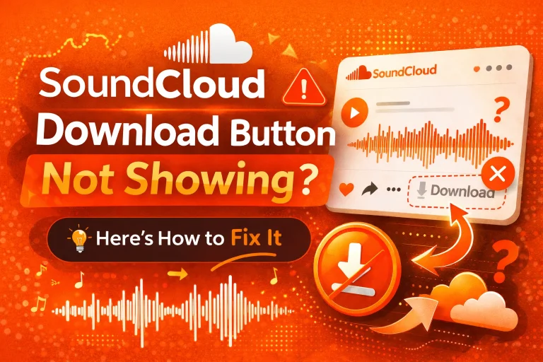 SoundCloud download button not showing error with fix it guide showing app interface and download icons on orange background
