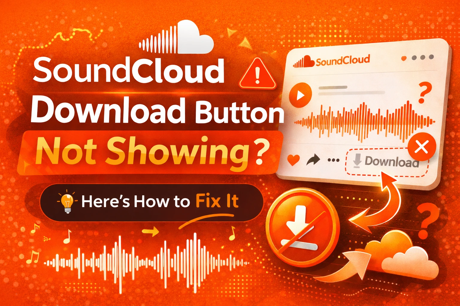 SoundCloud download button not showing error with fix it guide showing app interface and download icons on orange background