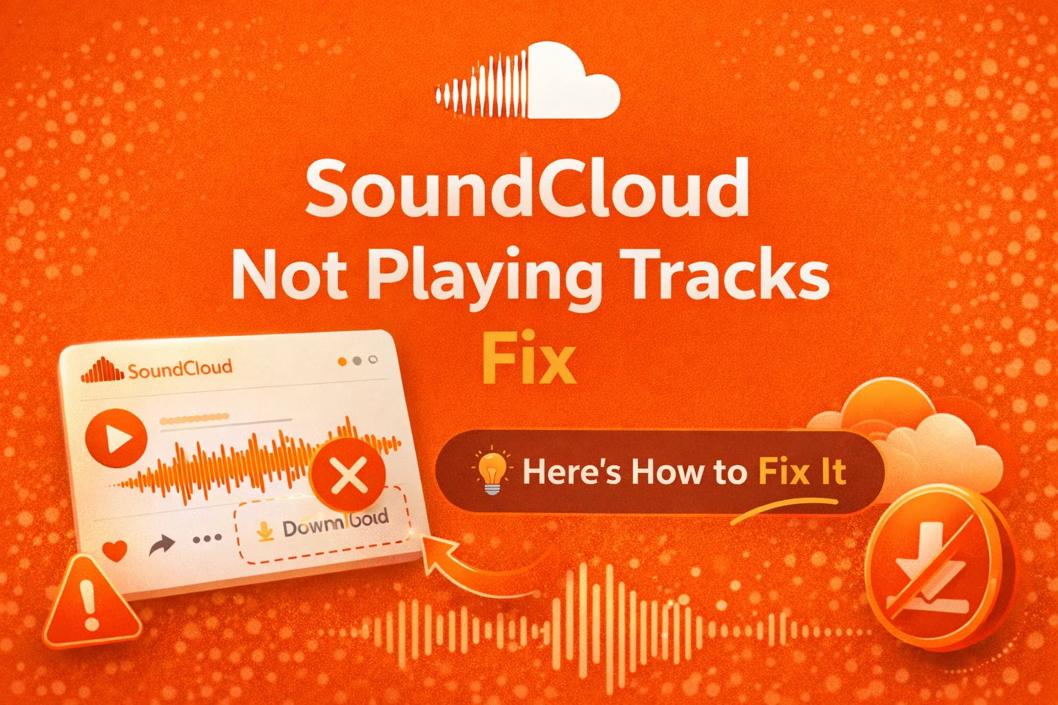 SoundCloud not playing tracks fix guide showing error icon on player interface with download option and troubleshooting tips