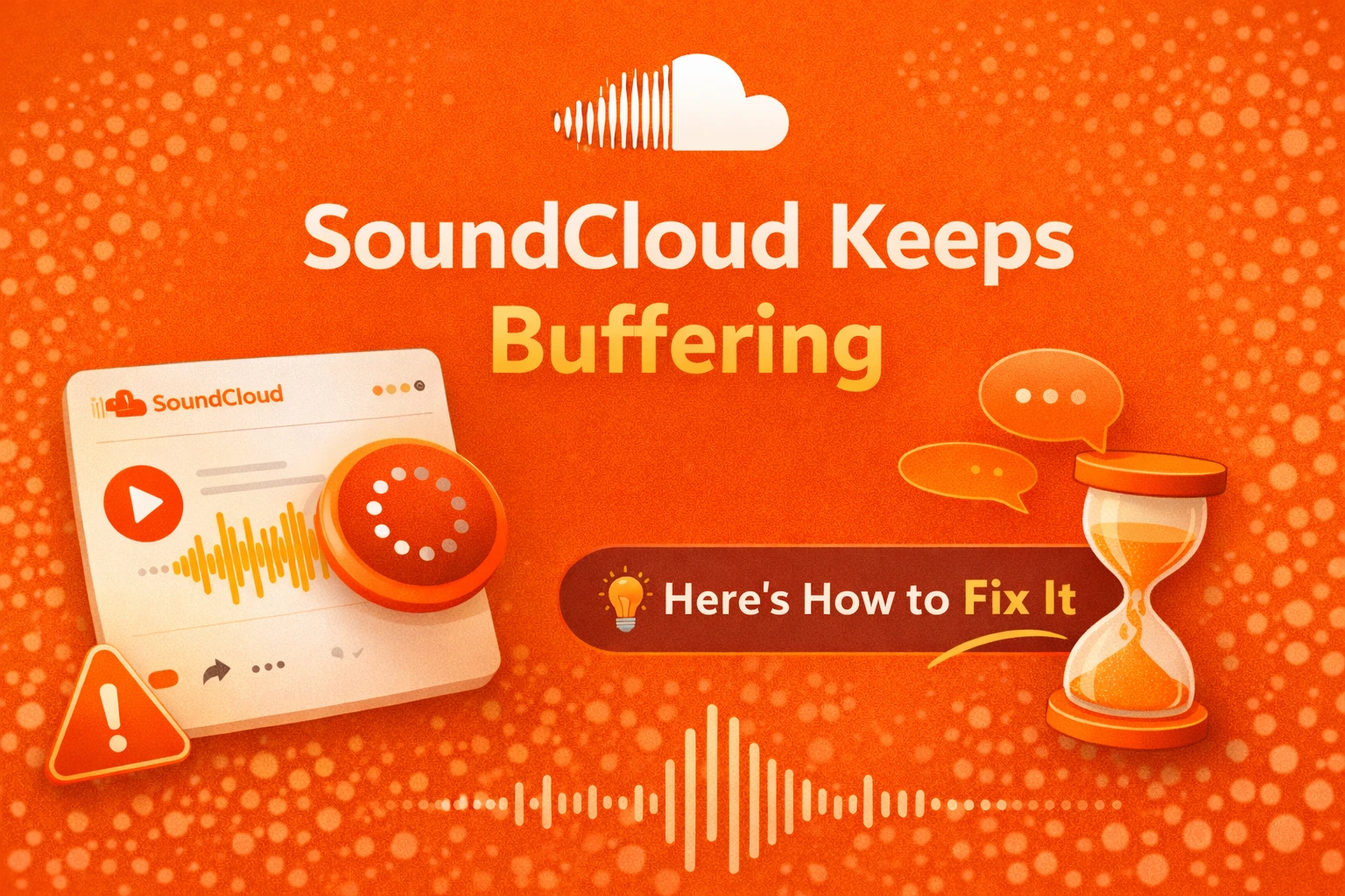 SoundCloud keeps buffering error with loading icon, hourglass, and troubleshooting guide showing how to fix playback issues