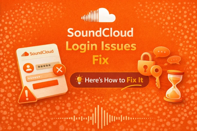 SoundCloud login issues fix guide showing failed login screen with error icon, padlock, key, and hourglass on orange background