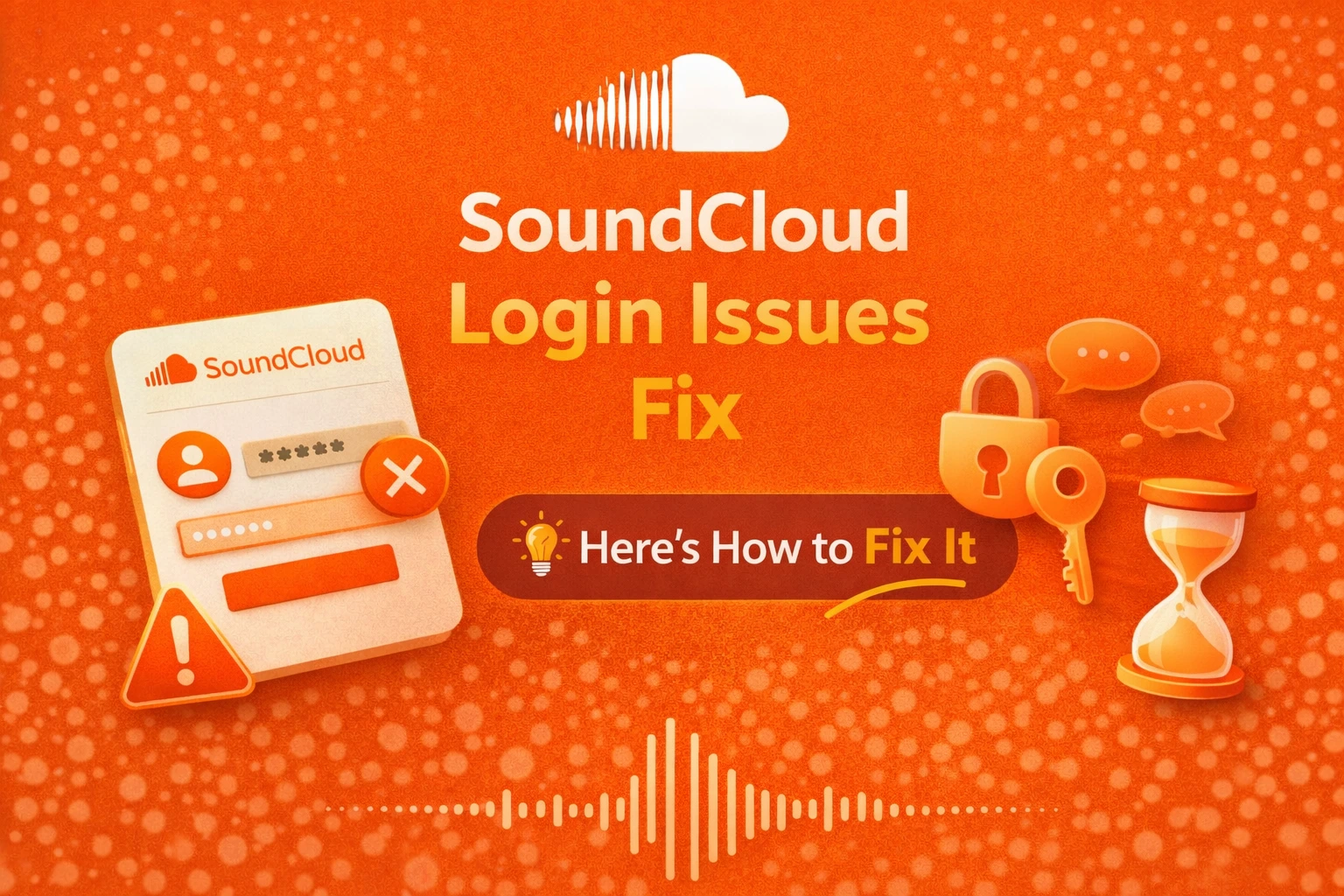 SoundCloud login issues fix guide showing failed login screen with error icon, padlock, key, and hourglass on orange background