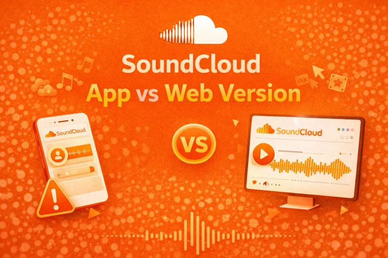 SoundCloud app vs web version comparison showing smartphone and desktop interfaces with orange waveform graphics and VS badge