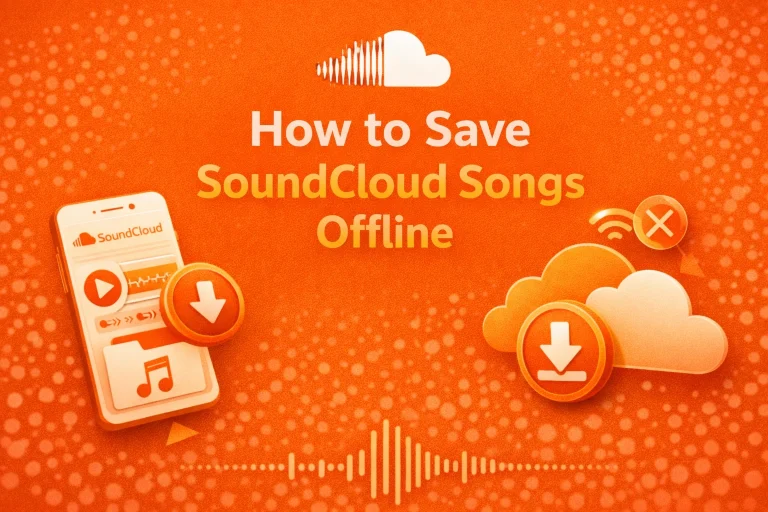 SoundCloud app on smartphone with download icons showing how to save SoundCloud songs offline for listening without WiFi
