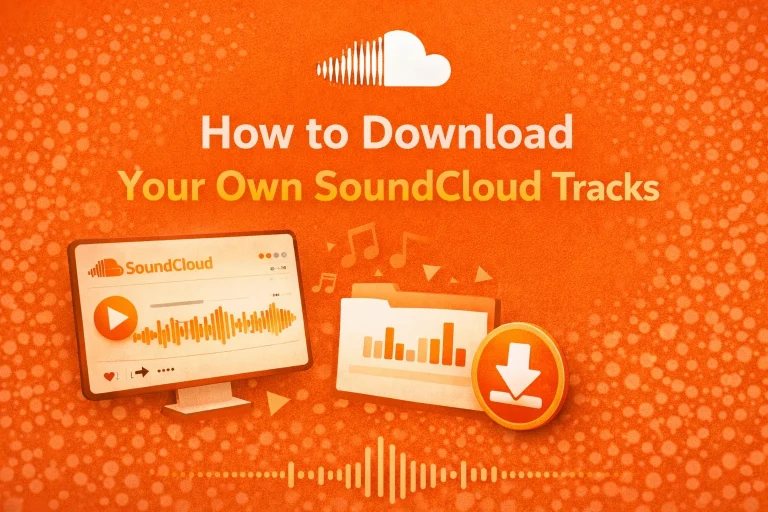 Infographic showing how to download your own SoundCloud tracks with computer screen, folder icons, and download button on orange background