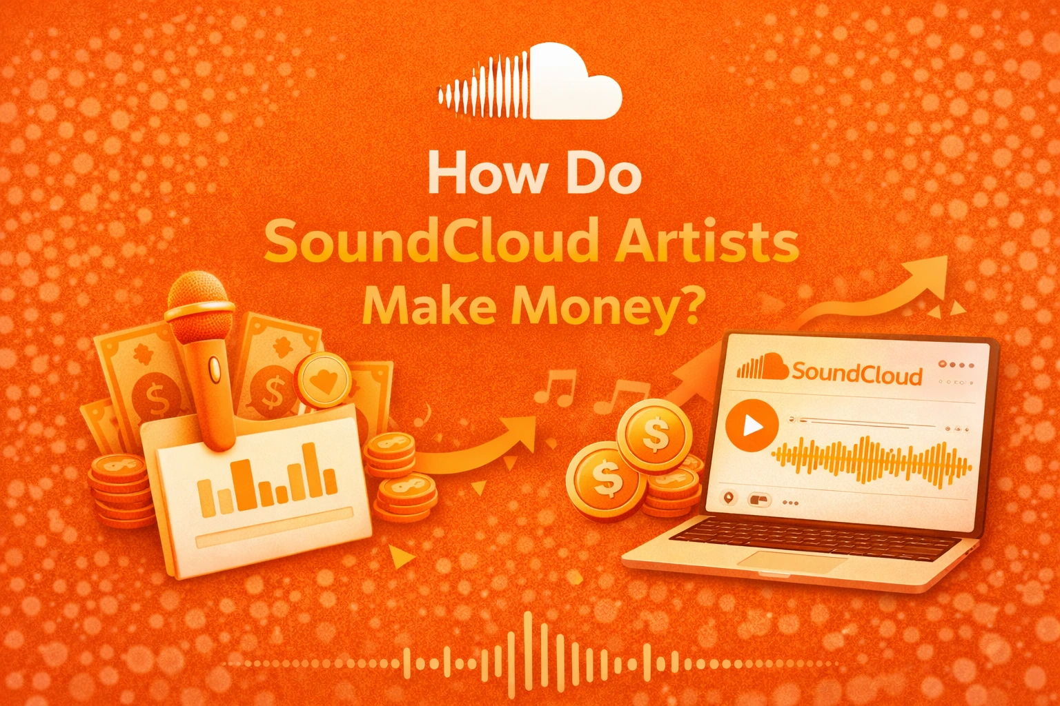 SoundCloud artist monetization infographic showing laptop with SoundCloud interface, microphone, coins, dollar bills, and growth charts on orange background