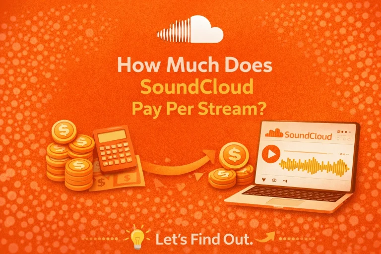 SoundCloud pay per stream infographic showing calculator, coins, dollar bills, and laptop with SoundCloud interface on orange background