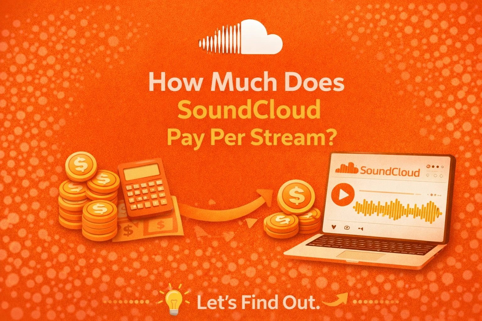 SoundCloud pay per stream infographic showing calculator, coins, dollar bills, and laptop with SoundCloud interface on orange background