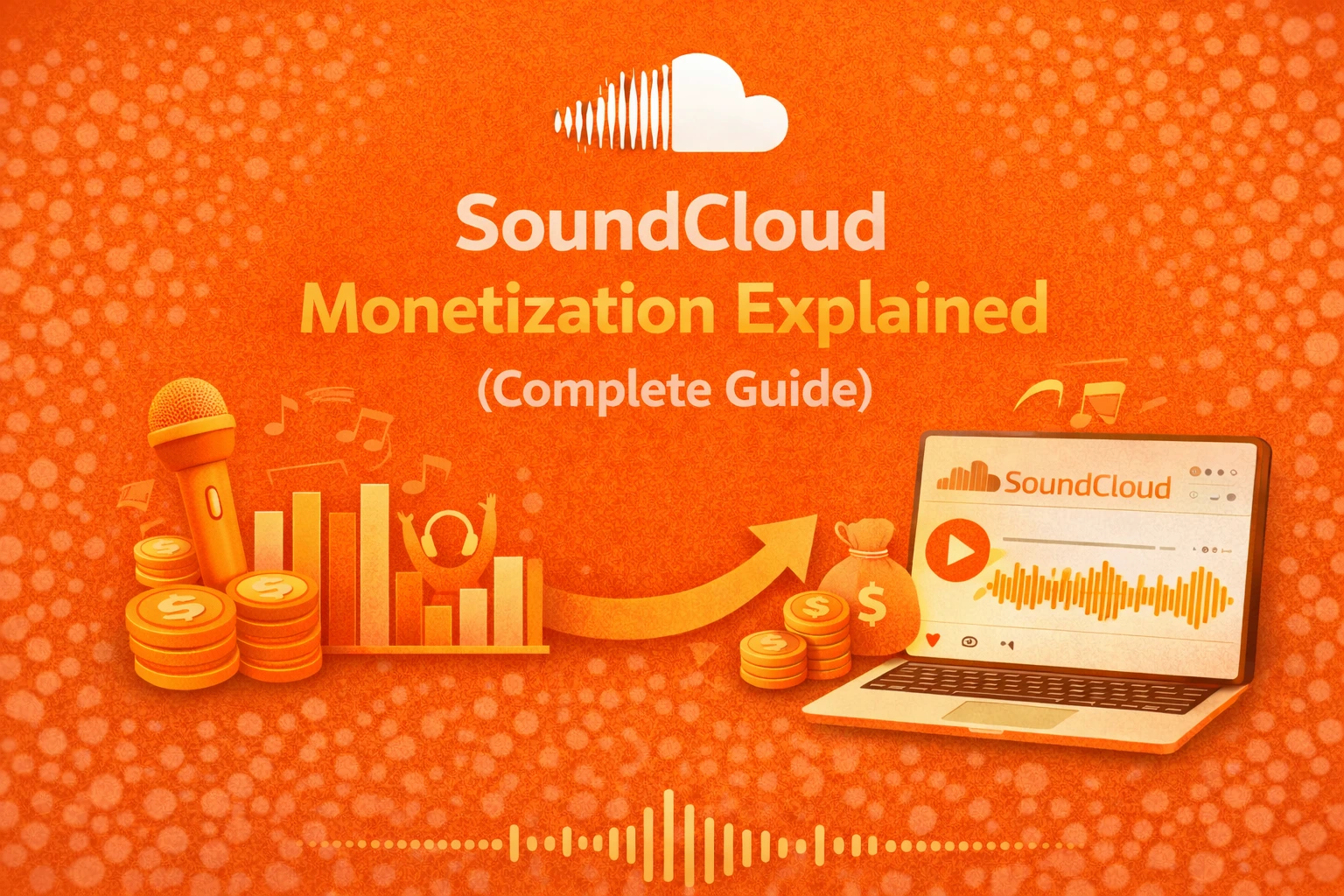 SoundCloud monetization explained complete guide infographic with laptop, microphone, coins, and growth charts on orange background