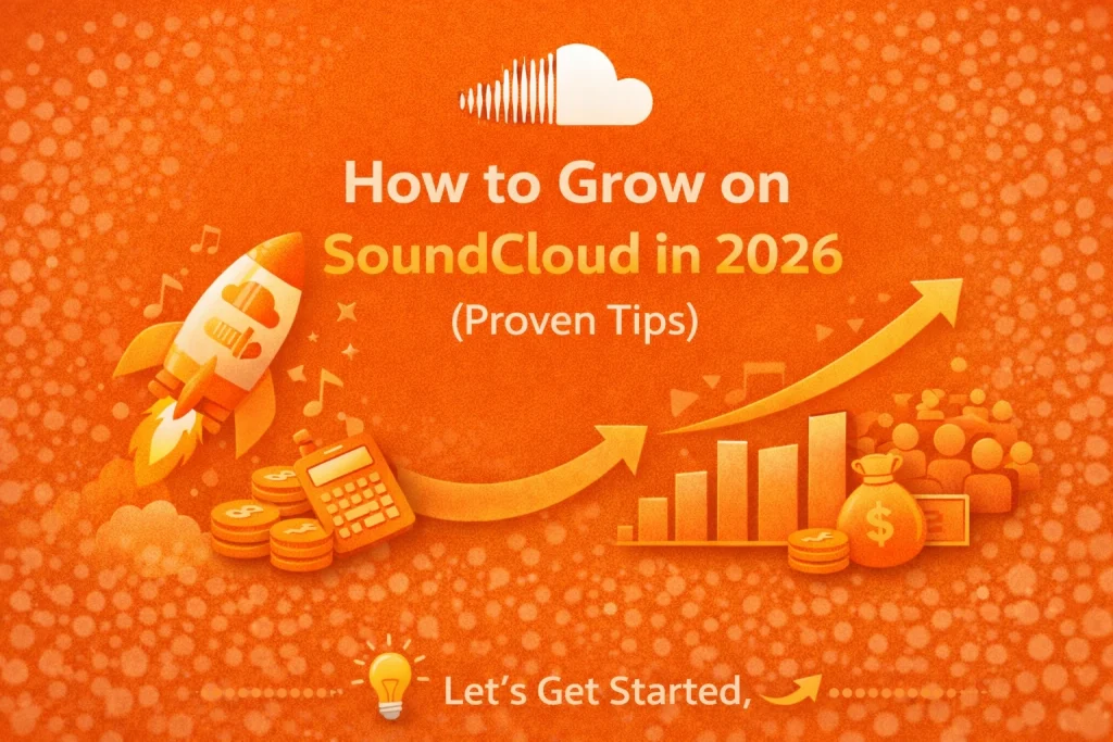 SoundCloud growth tips 2026 infographic with rocket, bar chart, coins, and orange background showing proven strategies