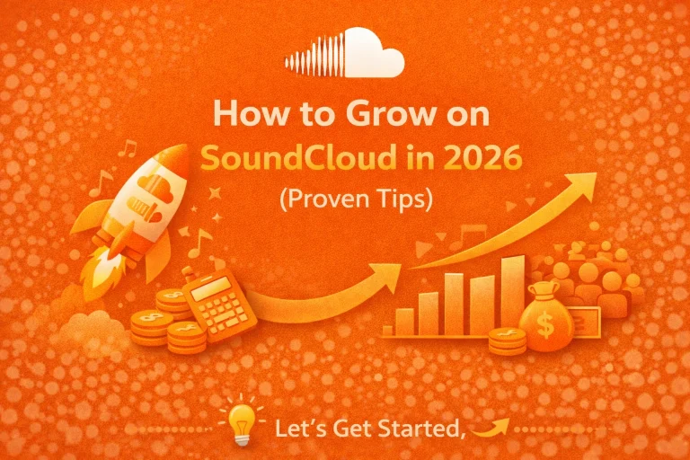 SoundCloud growth tips 2026 infographic with rocket, bar chart, coins, and orange background showing proven strategies