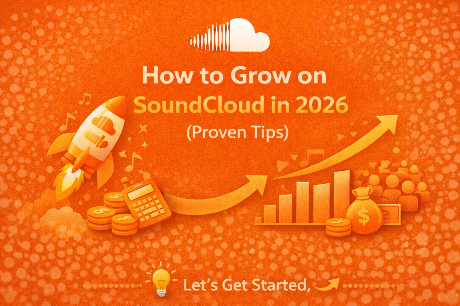SoundCloud growth tips 2026 infographic with rocket, bar chart, coins, and orange background showing proven strategies