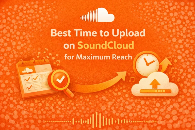 SoundCloud upload timing infographic showing calendar, clock, and cloud upload icons on orange background for maximum reach optimization