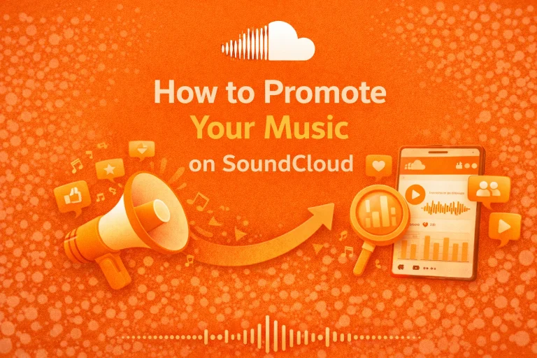 SoundCloud music promotion guide graphic with megaphone, smartphone app interface, analytics icons, and social engagement symbols on orange background