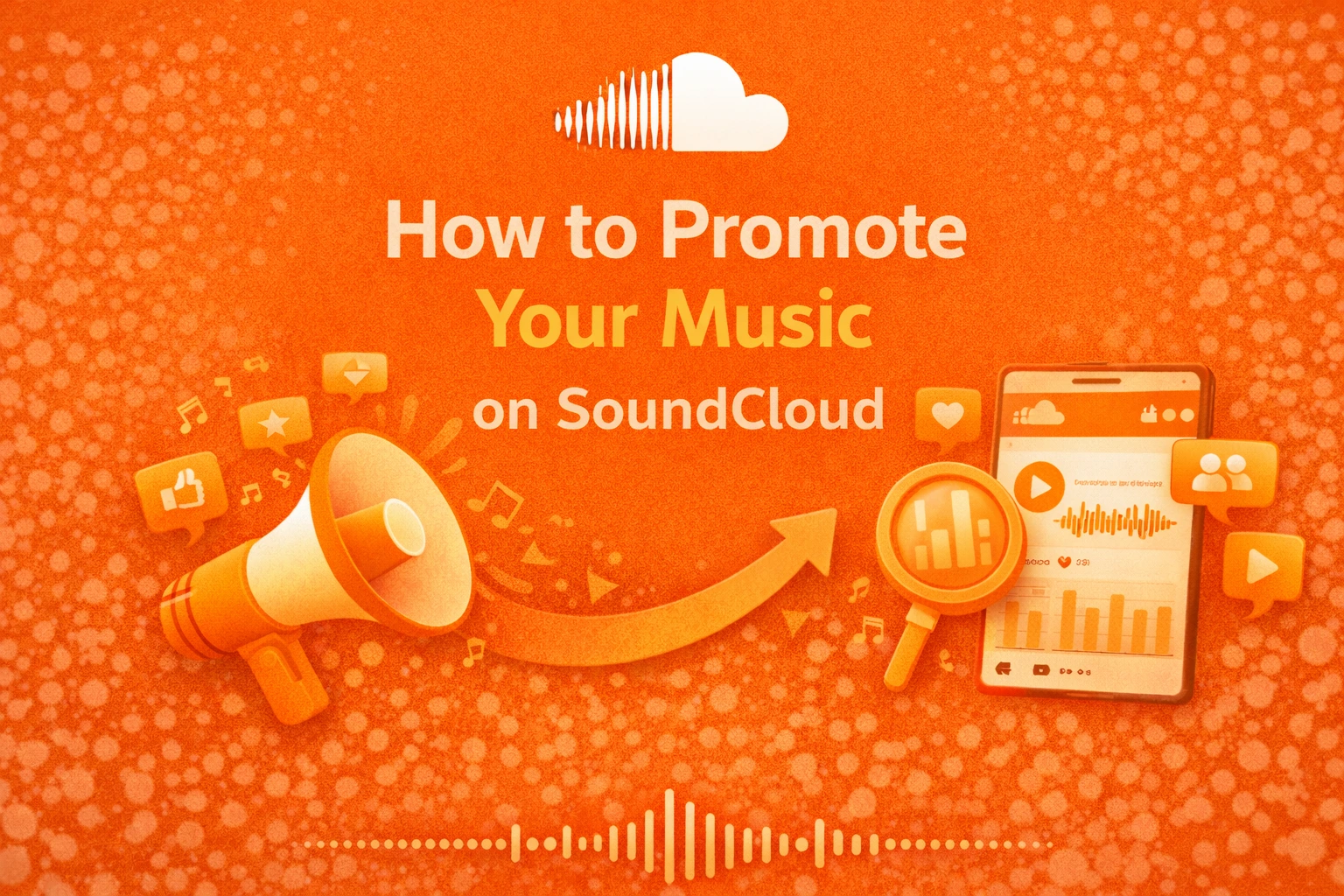 SoundCloud music promotion guide graphic with megaphone, smartphone app interface, analytics icons, and social engagement symbols on orange background