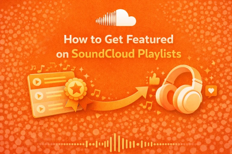 SoundCloud playlist promotion guide graphic with headphones, music notes, and award badge on orange background
